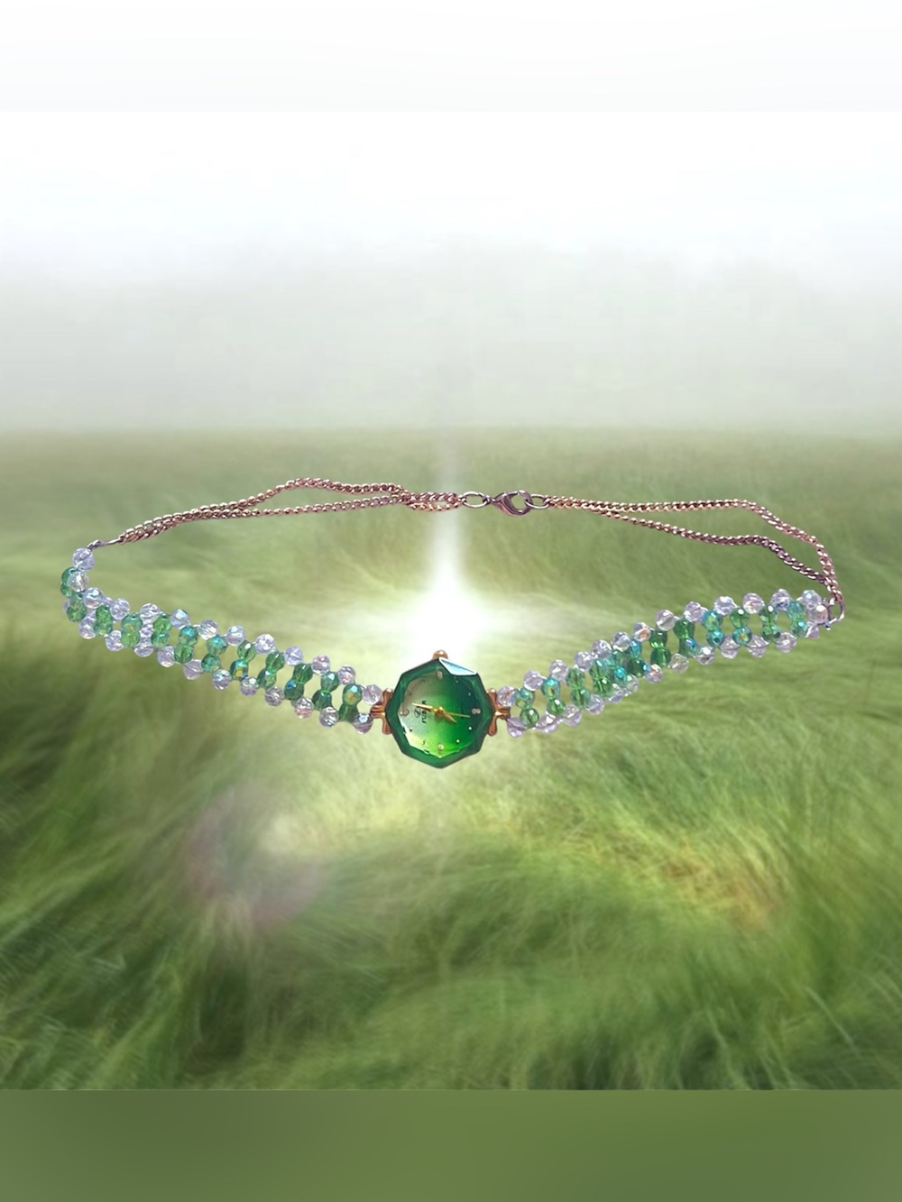 Vintage watch beaded crystal choker necklace